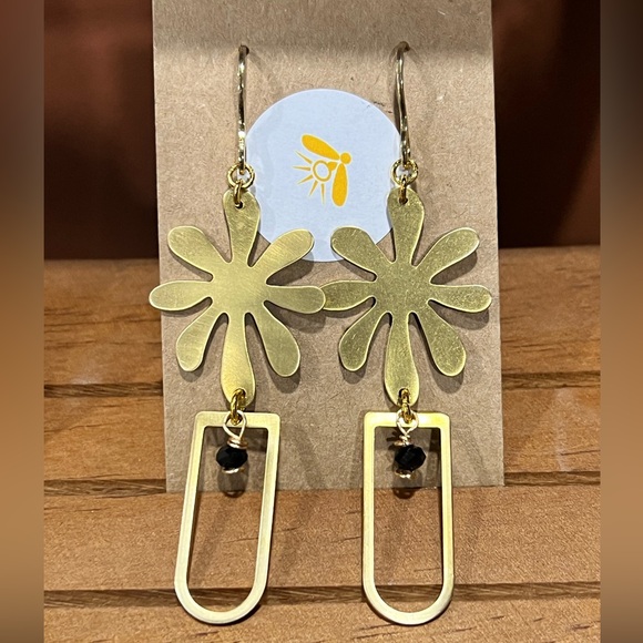 Hand Crafted Raw Brass Flower Power Dangle Earrings - Picture 3 of 5